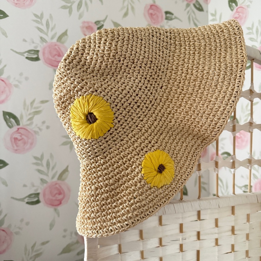 Straw Crochet Sun Hat with Yellow Sunflower Accents